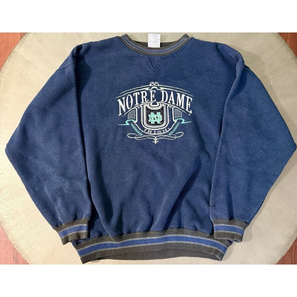 ⁠VTG Notre Dame Fighting Irish Sweatshirt Mens L Blue Midwest Embroidery Striped